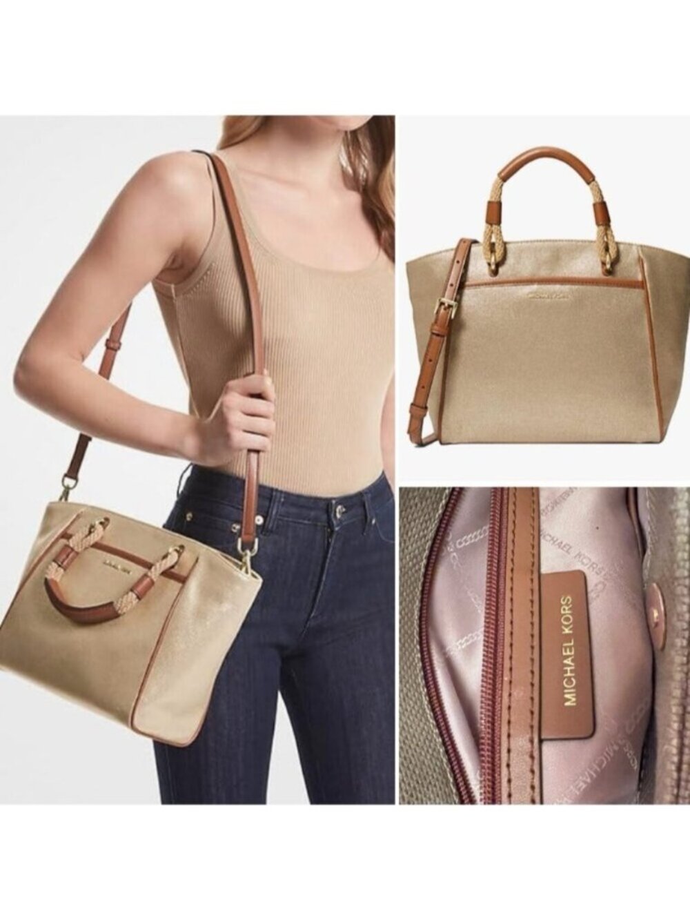 Michael Kors Talia  Metallic Cotton Canvas Tote Crossbody Bag, Pale Gold EUC